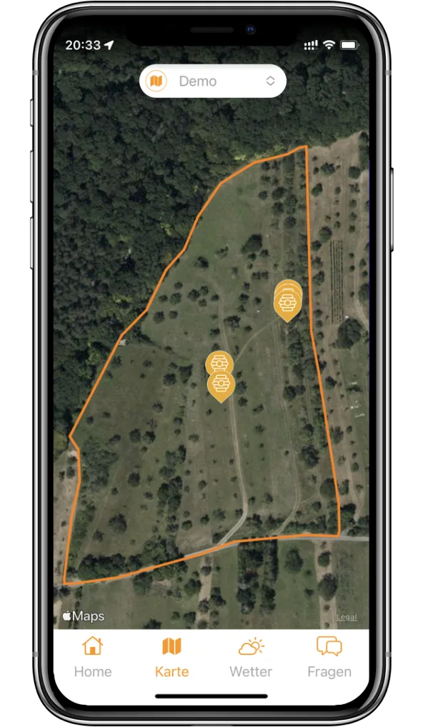 BeeMap zeigt einen Bienenstand mit Standorten auf der Karte