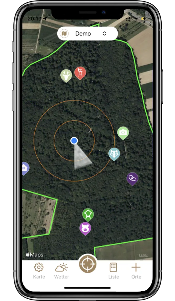 DeerMap zeigt ein Jagdrevier mit markierten Hochsitzen auf der Karte