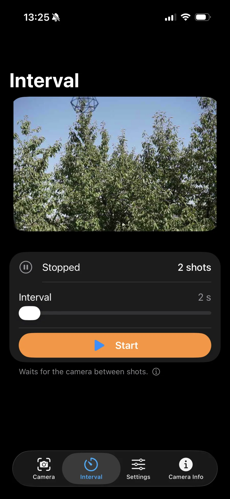 Intervall-Ansicht mit Vorschaubild, Zähler der aufgenommenen Bilder, Regler für das Intervall und Start-Schaltfläche
