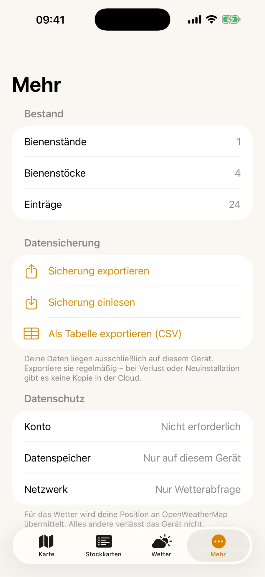 Einstellungen mit Bestand, den Schaltflächen „Sicherung exportieren“, „Sicherung einlesen“ und CSV-Export sowie dem Hinweis, dass kein Konto nötig ist