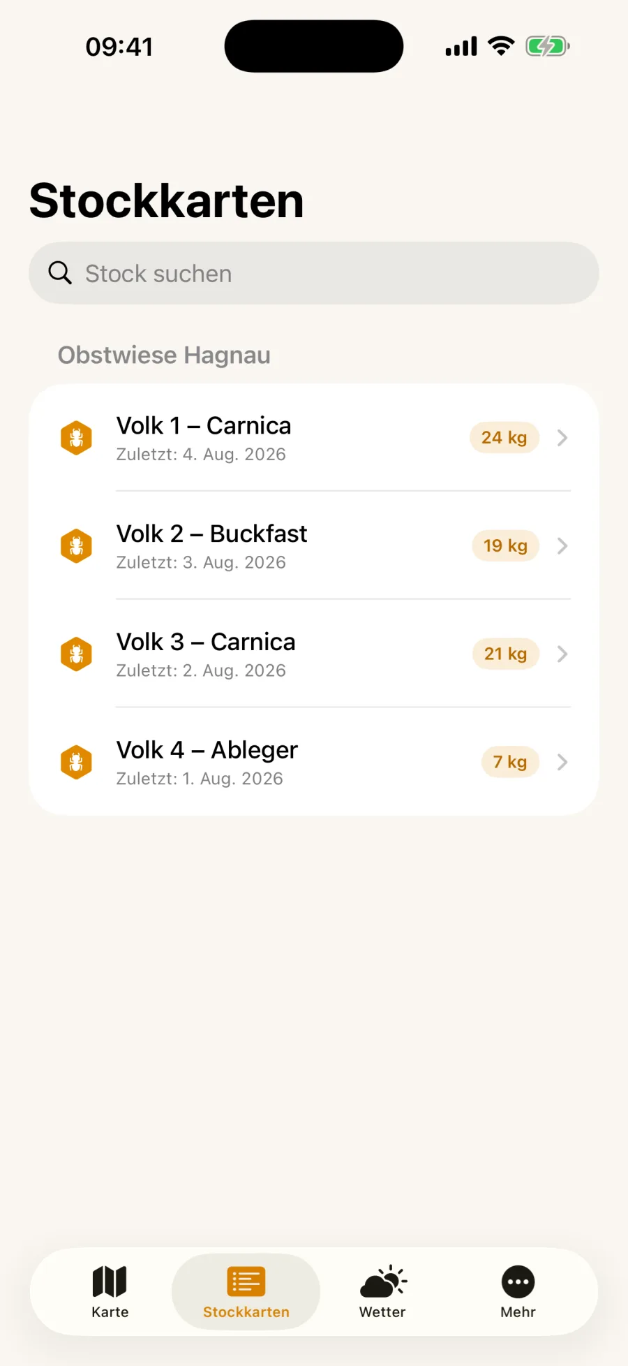 BeeMap listet die Völker eines Bienenstands mit Datum der letzten Durchsicht und geerntetem Honig